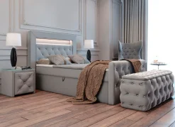 Boxspringbett mit LED-Beleuchtung, Topper und Nachttisch