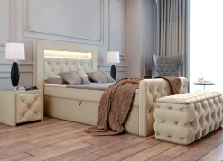 Boxspringbett mit LED-Beleuchtung, Topper und Nachttisch