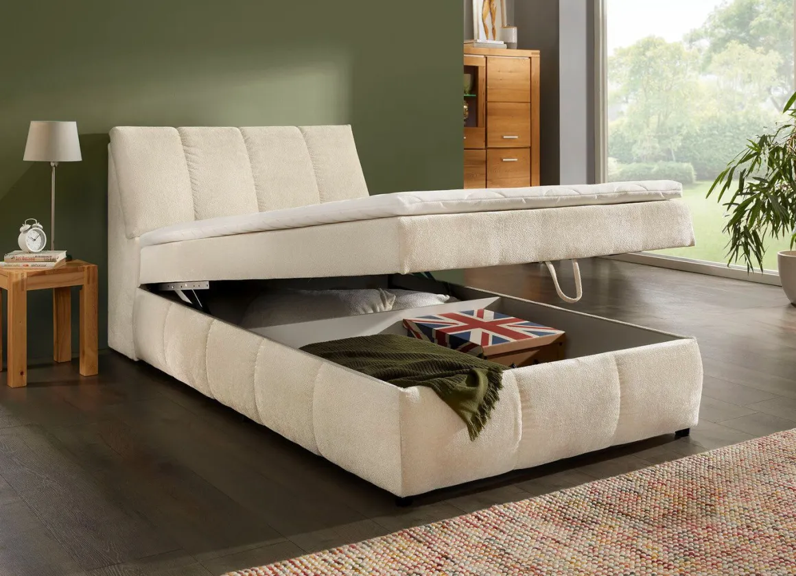 Boxspringbett mit Stauraum im Kopfteil und Bettkasten