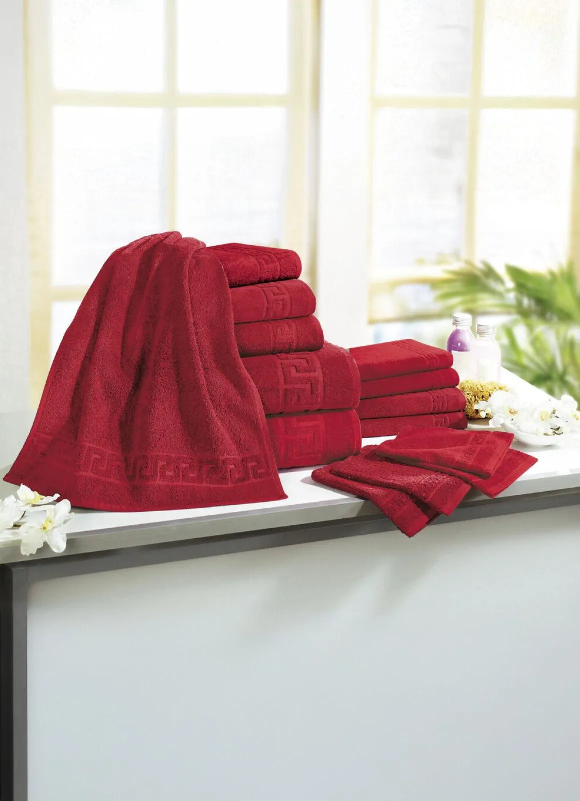 Frottierserie mit Mäander-Jacquard-Struktur