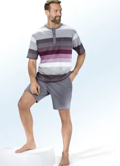 Hajo Klima Komfort Shorty mit garngefärbtem Ringeldessin, Knopfleiste, Brusttasche