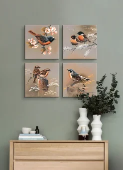Hochwertiges Bilder-Set mit Vogelszenen, 4-teilig
