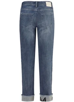 Jeans mit Fransensaum und Schriftzug auf einem Bein