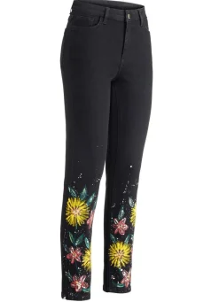 Jeans mit handbemalten, floralen Motiven