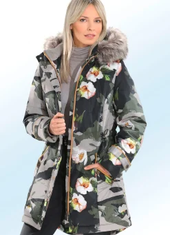 Kurzmantel mit Camouflage- und Blüten-Dessin