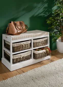 Sitzbank aus massivem Holz mit Weidenkörben